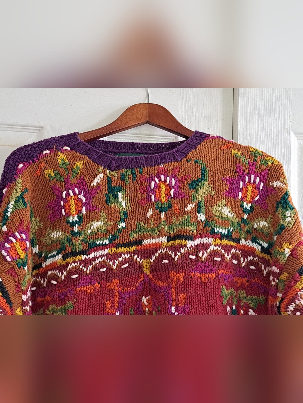 Vintage Oversized Handknitted Floral Pattern Cotton Ramie Crewneck Sweater - Picture 3 of 8